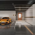 Modern Parking Garage With Yellow Sports Car B5 Sign Wooden Door And Striped Floor Lighting