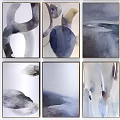 Abstract Paintings Collection In Ink Wash Style With Gray Blue White Tones And Grid Arrangement