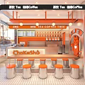 Bright Modern Tea Coffee Shop Interior Design With Orange Counter And Round Stools