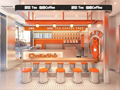 Bright Modern Tea Coffee Shop Interior Design With Orange Counter And Round Stools 3d model