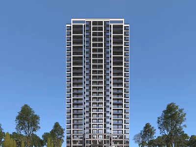 Modern High Rise Residential Building Exterior With Trees Under Blue Sky 3d model