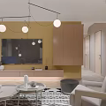 Stylish Living And Dining Room Interior With Colorful Sofas Geometric Rug And Hanging Lights