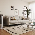 Light Beige Three Seater Sofa With Decorative Pillows Geometric Rug Marble Coffee Table And Arched Window