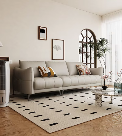 Light Beige Three Seater Sofa With Decorative Pillows Geometric Rug Marble Coffee Table And Arched Window 3d model