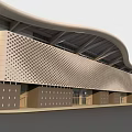 Modern Building Exterior With Curved Roof White Walls Perforated Facade And Glass Windows