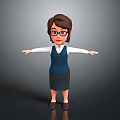 3D Cartoon Female Character With Glasses White Shirt Blue Vest Dark Skirt And Arms Outstretched
