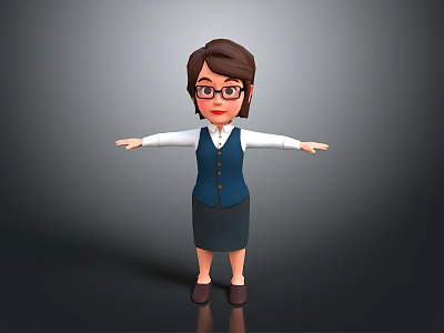 3D Cartoon Female Character With Glasses White Shirt Blue Vest Dark Skirt And Arms Outstretched 3d model