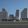 Modern Contemporary Sales Office Building With Glass Curtain Wall Lake View And High Rise Buildings