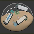 Green Vans on Circular Sandy Ground with Blue Folding Chair Green Plant and Gray Structure