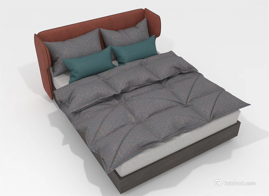 Modern Double Bed With Red Upholstered Headboard Gray Comforter And Teal Pillows 3d model 