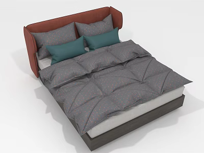 Modern Double Bed With Red Upholstered Headboard Gray Comforter And Teal Pillows 3d model