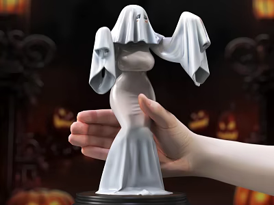 White Decorative Halloween Ghost Doll Held by Hand with Pumpkin Backdrop 3d model