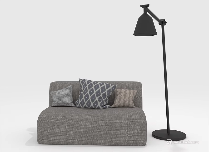 Gray Multi Seater Sofa With Patterned Pillows And Black Floor Lamp 3d model 