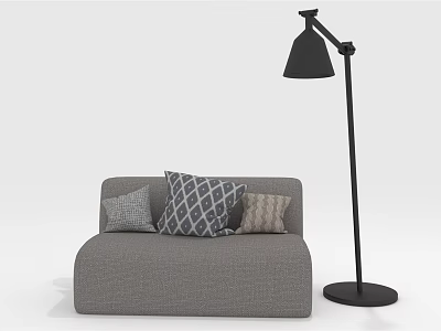 Gray Multi Seater Sofa With Patterned Pillows And Black Floor Lamp 3d model