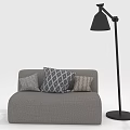 Gray Multi Seater Sofa With Patterned Pillows And Black Floor Lamp 3d model