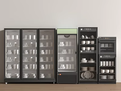Black Kitchen Appliances With Glass Door Cabinets For Storing Dishes Cups And Plates 3d model