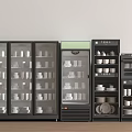 Black Kitchen Appliances With Glass Door Cabinets For Storing Dishes Cups And Plates
