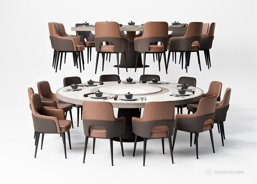 Modern Round Dining Table Set With Brown Black Chairs And Marble Top 3d model 