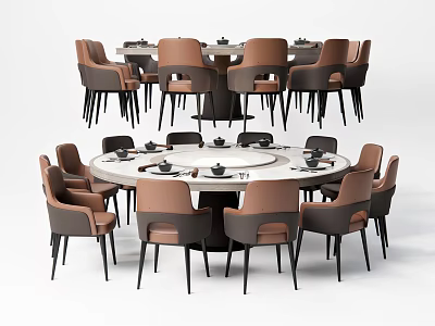 Modern Round Dining Table Set With Brown Black Chairs And Marble Top 3d model