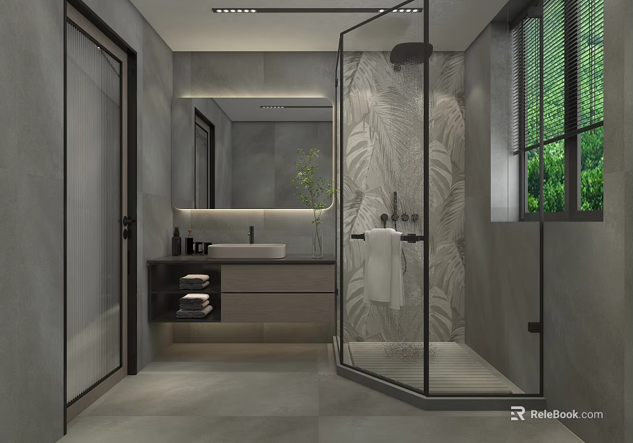 Modern Minimalist Grey Toned Bathroom With Glass Shower Enclosure And Floating Vanity Interior Design 3d model 