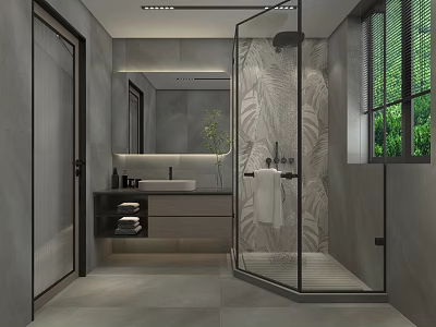 Modern Minimalist Grey Toned Bathroom With Glass Shower Enclosure And Floating Vanity Interior Design 3d model