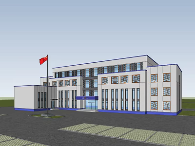 Modern Office Building Exterior Design With Red Flag And Multi Story Windows 3d model