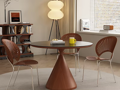 Modern Restaurant Interior With Round Brown Table Slatted Backrest Chairs White Tray And Yellow Cup 3d model