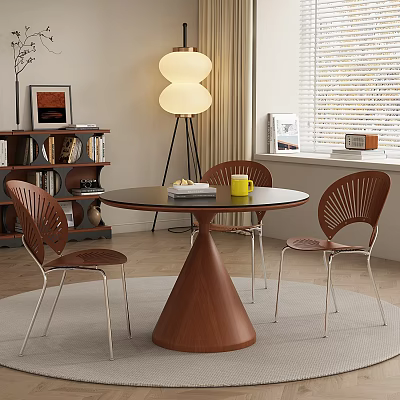 Modern Restaurant Interior With Round Brown Table Slatted Backrest Chairs White Tray And Yellow Cup 3d model
