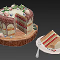 Delicious Cake With Chocolate Drizzle Strawberries Blueberries Green Leaves On Wooden Tray And Sliced Piece