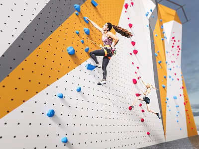 People Actively Engaging In Fitness Climbing On Colorful Wall With Holds 3d model