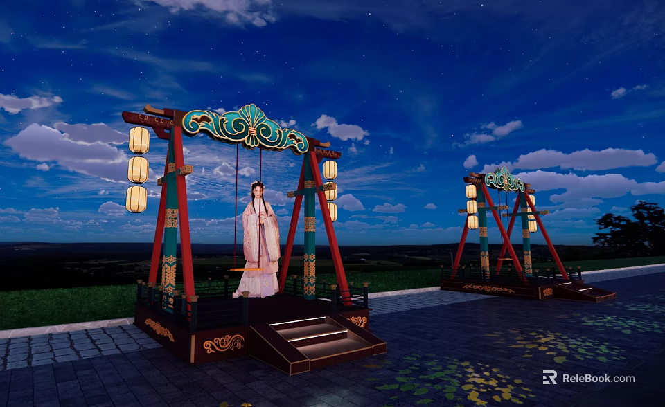 Traditional Art Installation Swing with Lanterns and Woman in Traditional Dress Under Night Sky 3d model 