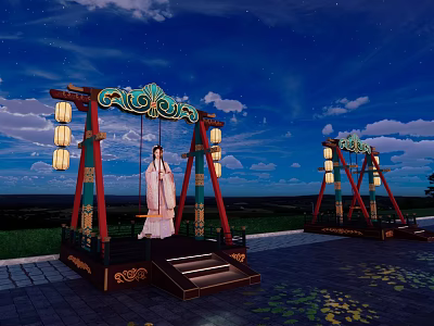 Traditional Art Installation Swing with Lanterns and Woman in Traditional Dress Under Night Sky 3d model