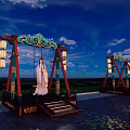 Traditional Art Installation Swing with Lanterns and Woman in Traditional Dress Under Night Sky