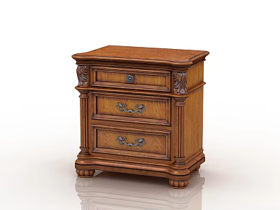 Classic Wooden Bedside Table With Three Drawers Carved Details And Metal Handles 3d model