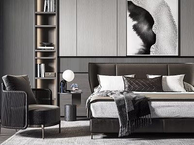 Modern Background Double Bed Interior With Accent Chair And Wall Art 3d model