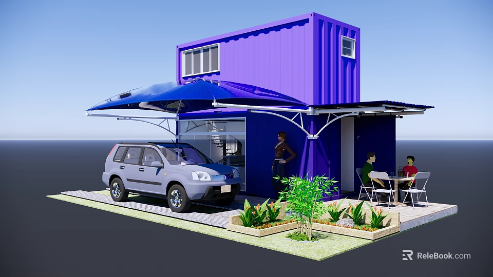 Purple Container Detached Villa With Blue Awning SUV Outdoor Table Chairs Green Plants Flower Beds 3d model 