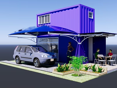 Purple Container Detached Villa With Blue Awning SUV Outdoor Table Chairs Green Plants Flower Beds 3d model