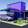 Purple Container Detached Villa With Blue Awning SUV Outdoor Table Chairs Green Plants Flower Beds