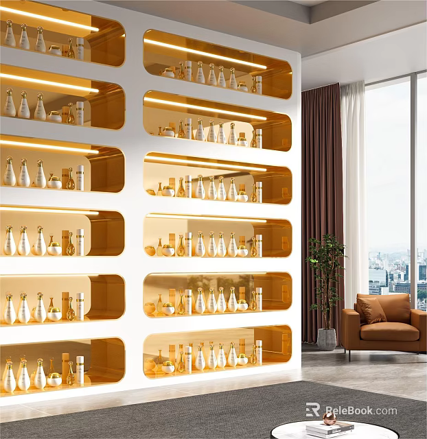 Modern Gold Display Shelves With Multiple Layers Holding Decorative Bottles And Indoor Plant Near Window 3d model 