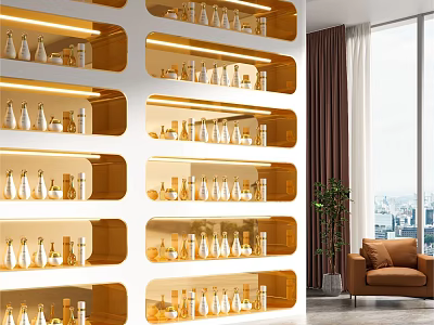 Modern Gold Display Shelves With Multiple Layers Holding Decorative Bottles And Indoor Plant Near Window 3d model