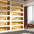 Modern Gold Display Shelves With Multiple Layers Holding Decorative Bottles And Indoor Plant Near Window