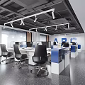 Modern Public Office Space With Open Layout Workstations Ergonomic Chairs Computers And Ceiling Lights 3d model
