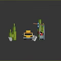 Toy Block Scene With Cacti Bus Stop Shelter Yellow Taxi And Figure