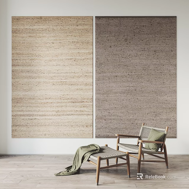 Square Woven Area Rugs in Neutral Tones with Wooden Chairs and Stool for Modern Interior 3d model 