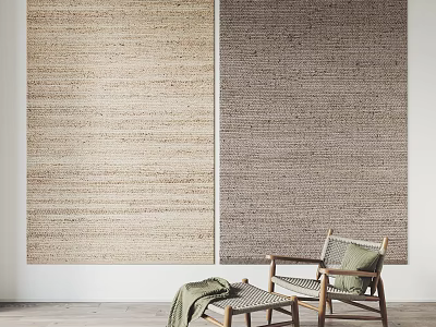 Square Woven Area Rugs in Neutral Tones with Wooden Chairs and Stool for Modern Interior 3d model