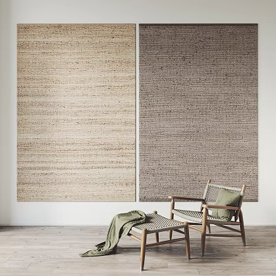 Square Woven Area Rugs in Neutral Tones with Wooden Chairs and Stool for Modern Interior 3d model