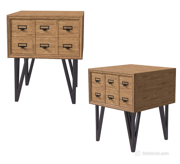 Modern Wooden Bedside Table With Multiple Drawers And Black Metal Legs 3d model 