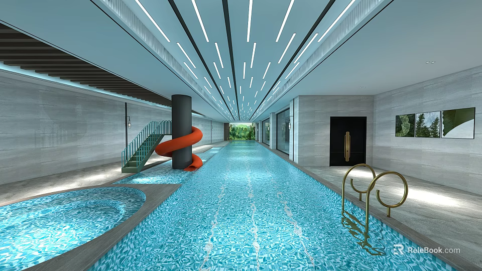 Modern Indoor Swimming Pool Interior With Red Slide Blue Water And Ceiling Lights 3d model 