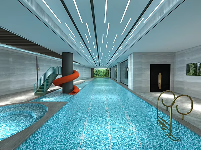 Modern Indoor Swimming Pool Interior With Red Slide Blue Water And Ceiling Lights 3d model