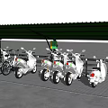 Seaside Motorcycle Parking Canopy Featuring Green Roof and Parked Scooters